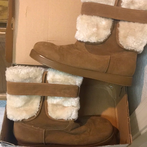 SALE! Camel Color Faux Fur-Lined Boots with Gold Buckle - Picture 2 of 5